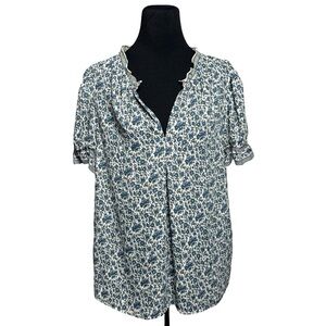 Max Studio Womens XL Floral Lightweight Top Blouse Ruffle CottageCore Boho Blue